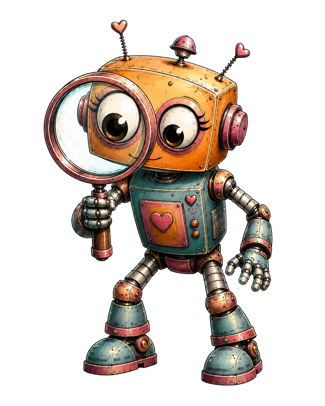 Illustration: Roboter mit Lupe prüft Unterlagen